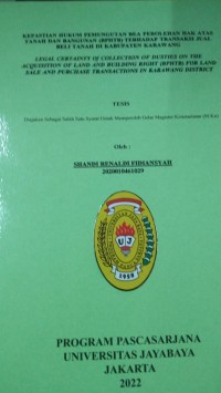 Image of Kepastian Hukum Pemungutan Bea Perolehan Hak Atas Tanah Dan Bangunan (BPHTB)Terhadap Transaksi Jual Beli Tanah Di Kabupaten Karawang