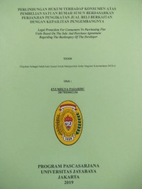 Image of Perlindungan Hukum Terhadap Konsumen Atas Pembelian Satuan Rumah Susun Berdasarkan Perjanjian Pengikatan Jual Beli Berkaitan Dengan Kepailitan Pengembangnannya ( Legal Protection For Consummer To Purchasing Flat Units Based On The Sale And Purchasw Agreement Regarding The Bankrupcy Of The Developer )
